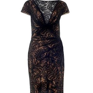 Tadashi Shoji NWT SZ 6 black, corder lace design in tule over nude underlay.